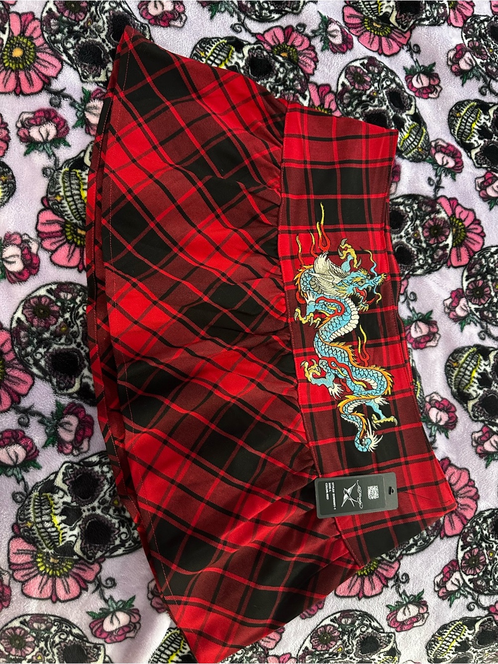Ed Hardy Red and Black Plaid Mini Skirt with Dragon Embroidery